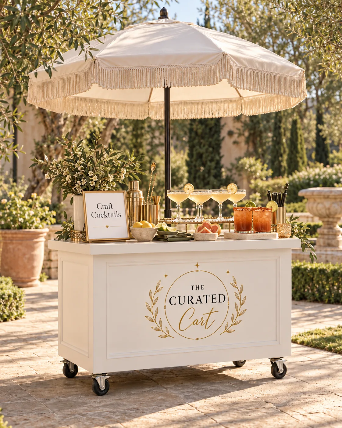 Styled cocktail cart with citrus cocktails and micheladas