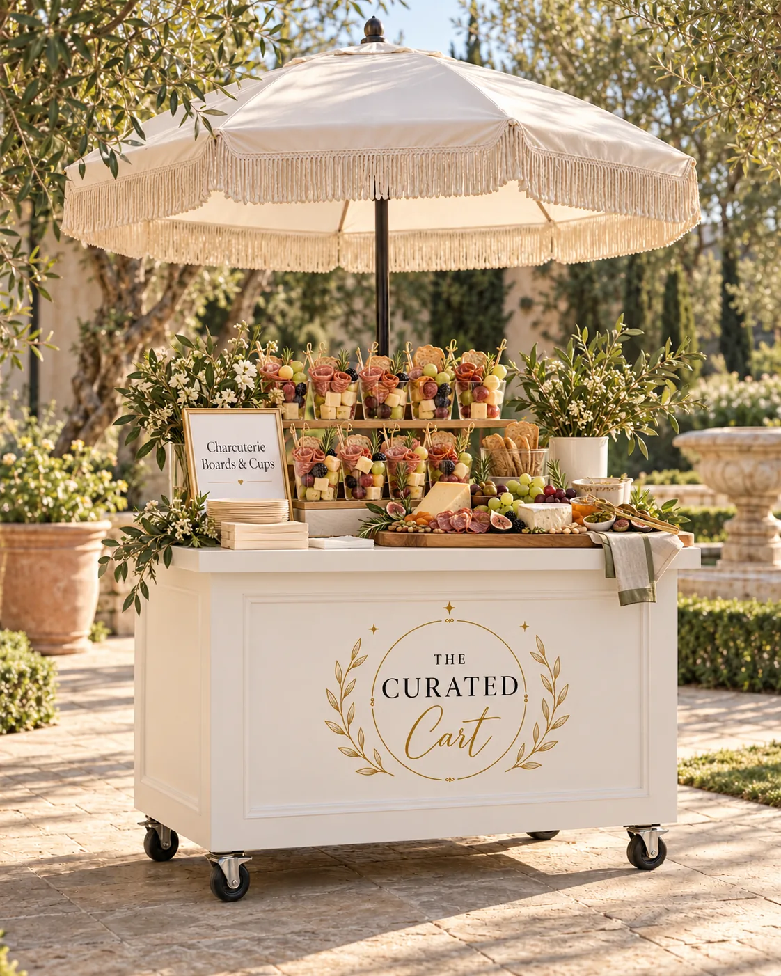 Charcuterie Boards & Cups event cart and styling
