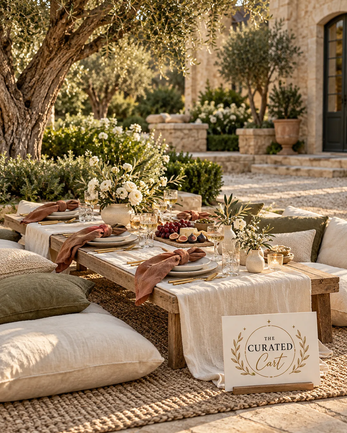 Garden picnic with a low table, flowers, linen place settings, and floor cushions
